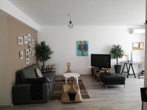 uma sala de estar com um sofá e uma televisão em Markora Central Apartment em Nicósia