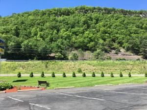 a park with a bench in front of a mountain at Scottish Inns Milford in Milford