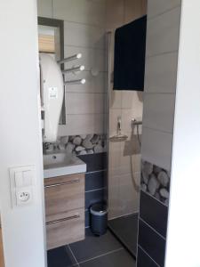 a small bathroom with a sink and a shower at La maison des savoyards in Husseren-Wesserling +22 photos