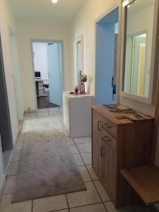 a bathroom with a sink and a mirror at Ferienwohnung Delphin in Schönwald