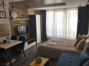 Schlafzimmer mit einem Bett, einem Tisch und einem TV in der Unterkunft Premier 24 Milmari Kopaonik in Kopaonik