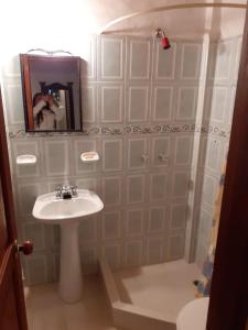 uma pessoa a tirar uma foto de uma casa de banho com lavatório e chuveiro em Casona Santo Domingo em Villa de Leyva