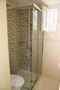 a bathroom with a glass shower with a toilet at Villa Dimitra Nikiana in Nikiana +97 photos