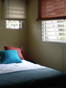 a bedroom with a bed with a blue pillow on it at Hostal Casa Los Espinoza in Managua