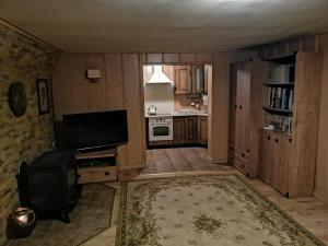 a living room with a television and a kitchen at Apartment Falista in Gdynia