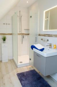 y baño con ducha y lavamanos. en Ferienwohnungen Familie Jensen, en Husum