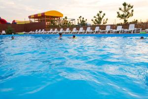un grupo de personas en la piscina de un complejo en Парк-отель Коттеджи Меркурий, en Grybivka