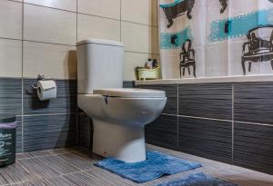 a bathroom with a toilet with a blue rug at Comfort Luxury Maisonette in Thessaloniki +68 photos