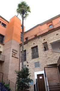 a palm tree in front of a brick building at Hostal Palacete de los Arcedianos in Tarazona de Aragón