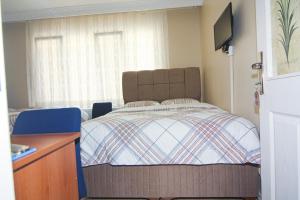 a bedroom with a bed and a tv and a window at Sari Pansiyon in Edirne