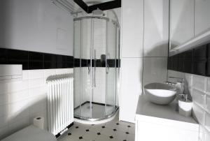 a bathroom with a glass shower and a sink at Gem Apartment by Castle (Old Town Krakow) in Krakow