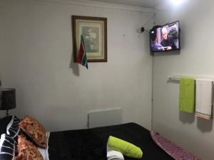 a bedroom with a tv on the wall and a bed at Turning Point Bed & Breakfast in Cape Town