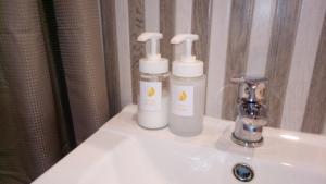 dos botellas de odorizantes sentadas en un lavabo en un baño en Folwark Anna, en Kamienica Polska