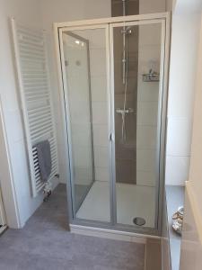 La salle de bains est pourvue d'une douche avec une porte en verre. dans l'établissement Wohnung "Flügge", à Bannesdorf
