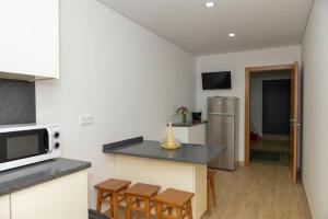 a kitchen with a counter top and a refrigerator at Casa Encosta do Rio-ferias no Gerês in Vieira do Minho