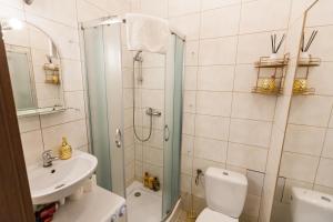 een badkamer met een douche, een toilet en een wastafel bij Vintage Senacka 5 Apartments in Krakau
