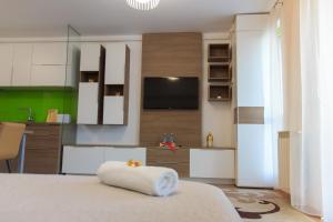 Zimmer mit einem Bett und einer Küche mit einem TV in der Unterkunft Gold Class Apartment AMS 63 in Cluj-Napoca