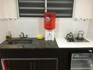 um balcão de cozinha com um lavatório e um liquidificador vermelho em Alquileres La Deseada em San Clemente del Tuyú