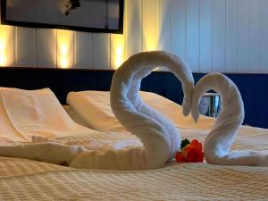 Dos cisnes como si estuvieran en una cama. en Myre Kysthotell, en Myre