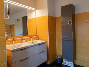 a bathroom with a sink and a mirror at Ferienhaus alte Kinderschule in Hausen am Tann