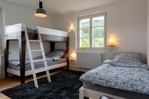 a bedroom with two bunk beds and a ladder at Ferienhaus alte Kinderschule in Hausen am Tann