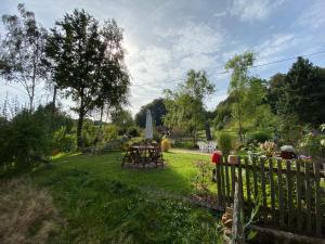 a garden with a table in the grass at Moderne Pension vonBartsch mit Ladestation in der sächsischen Schweiz in Struppen