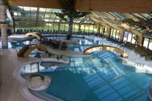 a large swimming pool in a building with windows at Casa Bohinj in Bohinj