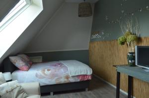een slaapkamer met een bed en een bureau met een televisie bij B&B “de Boerlarij” in Ruinerwold