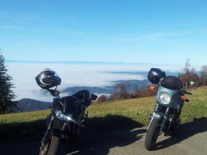 deux motocycles garés l'un à côté de l'autre sur une colline dans l'établissement Hotel Garni Schmieder’s Ochsen, à Seelbach