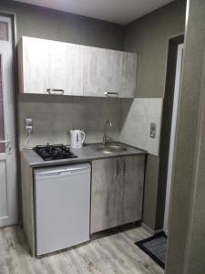 a small kitchen with a stove and a sink at Apartament LashaGiorgi in Borjomi