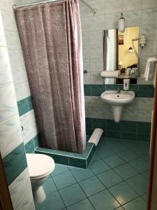 uma casa de banho com um chuveiro, um WC e um lavatório. em Hotel Restauracja Podzamcze em Szczecin