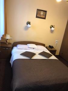 a bedroom with a bed with two lamps on the wall at Hotel Restauracja Podzamcze in Szczecin