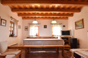 a living room with a large bed and a tv at Vila Idila in Lendava