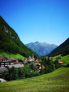 a village in a valley with mountains in the background at FEWO Rophaienblick in Isenthal