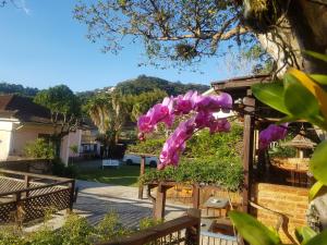 a bunch of pink flowers hanging from a fence at Pousada 14 Bis in Petrópolis