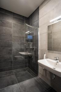 La salle de bains est pourvue d'un lavabo et d'une douche. dans l'établissement Penzión Imperial, à Žarnovica