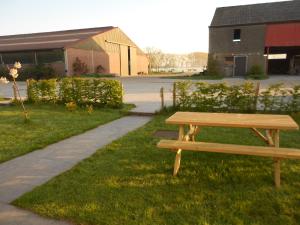 een houten bank in het gras naast een stoep bij De Grote Linde in Oostkamp