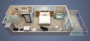 a floor plan of a room with a bed and a desk at Zota Beach Resort in Longboat Key