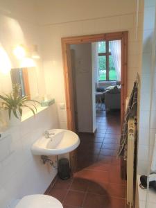 uma casa de banho com um lavatório e um WC em Piratennest em Sankt Peter-Ording