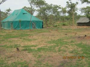 a blue tent in the middle of a field at Lochinvar Safari Lodge of Lochinvar National Park - ZAMBIA in Lochinvar National Park