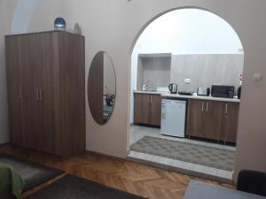 a kitchen with an arched doorway into a kitchen with a counter at Cluj Memorandumului Apt ultracentral cu parcare privata in Cluj-Napoca