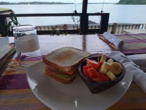 a sandwich and a bowl of vegetables on a plate with a drink at Linda Vista in Río Dulce