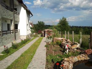 a garden next to a house with a walkway at Pensiunea Bogdan in Novaci
