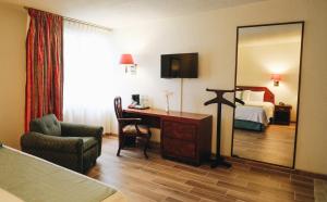 a hotel room with a bed and a desk and a mirror at Hotel La Joya Tulancingo in Tulancingo +46 photos
