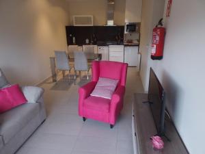 sala de estar con silla rosa y TV en Apartamentos Borizu Playa, en Barro de Llanes