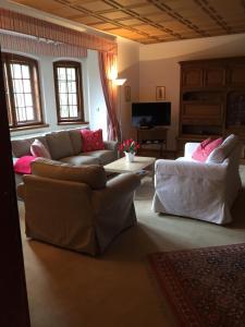 a living room with couches and pink pillows at Villa Tadina Ferienwohnungen Mariazell in Mariazell