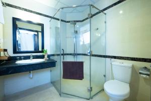 a bathroom with a toilet and a sink and a shower at Hon Rom Central Beach Resort in Mui Ne