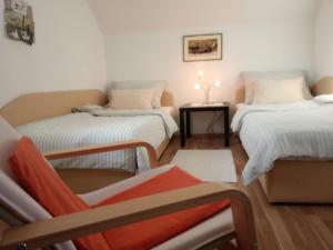 a room with two beds with a chair and a table at D.I.M. Holiday House in Seliste Dreznicko