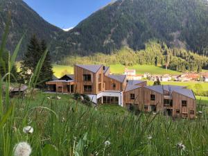 ein Haus auf einem Feld mit Bergen im Hintergrund in der Unterkunft Bio Natur Refugium Blaslahof **** in Gsieser Tal