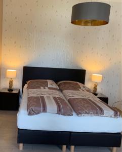 ein Bett mit zwei Kissen darauf in einem Schlafzimmer in der Unterkunft Pension Gerber in Erfurt